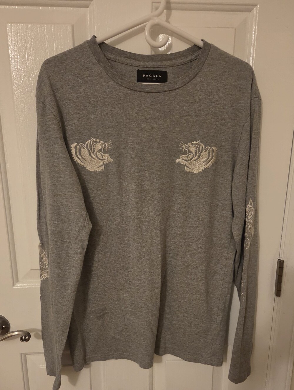 PacSun Grey Long Sleeve Tee with White Dragon Embroidery